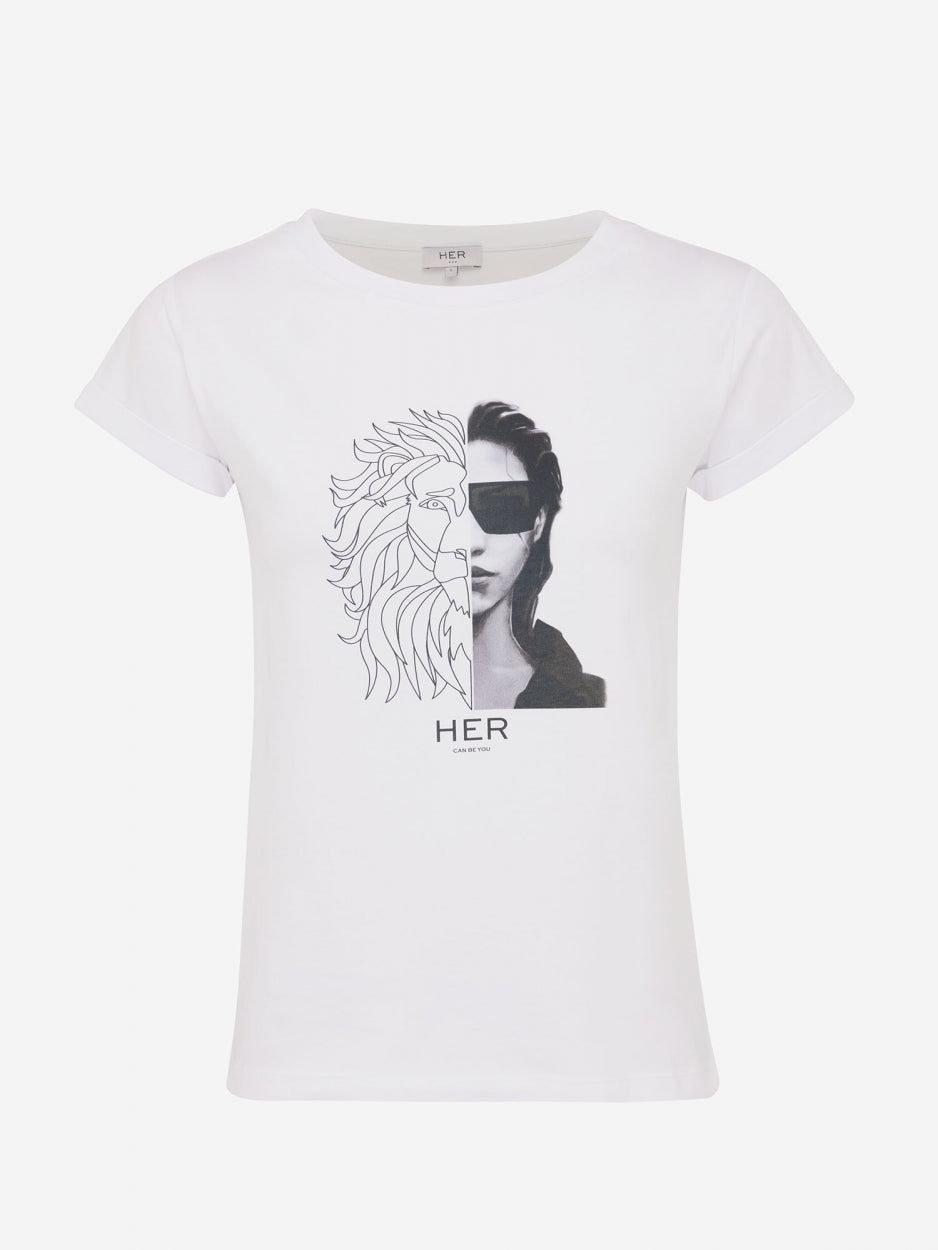 T-shirt Met Leeuwenprint - Wit